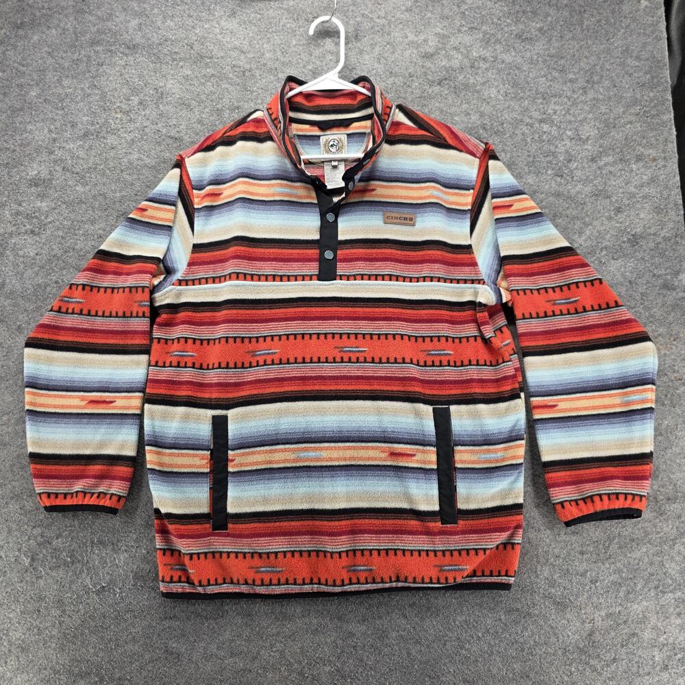 Cinch Sweater Mens M Orange Mock Neck 1/4 Zip Pullover Fleece Striped Logo